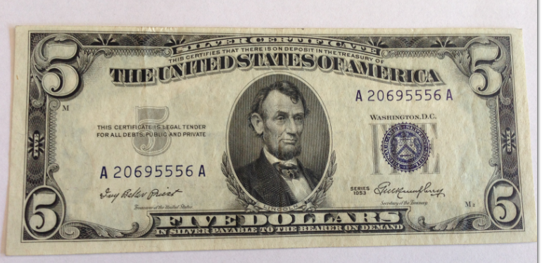 $5 US silver certificate dated 1953